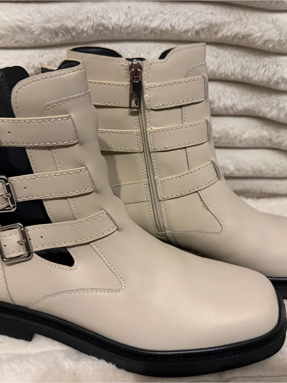 Franco Sarto Ivory Buckle Cutout Ankle Boots
